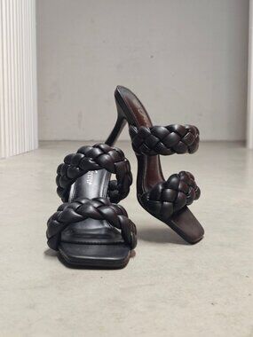 Braided Double Strap Black Heeled Sandals With Square Toe Design For Women